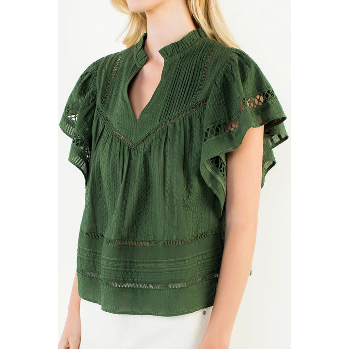 V Neck Fluttered Cut Out Top | Dark Green