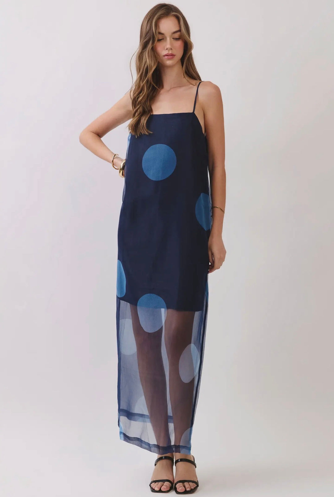 Polka Dot Sheer Overlay Maxi Dress | Navy