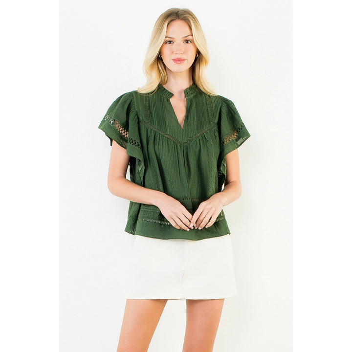 V Neck Fluttered Cut Out Top | Dark Green