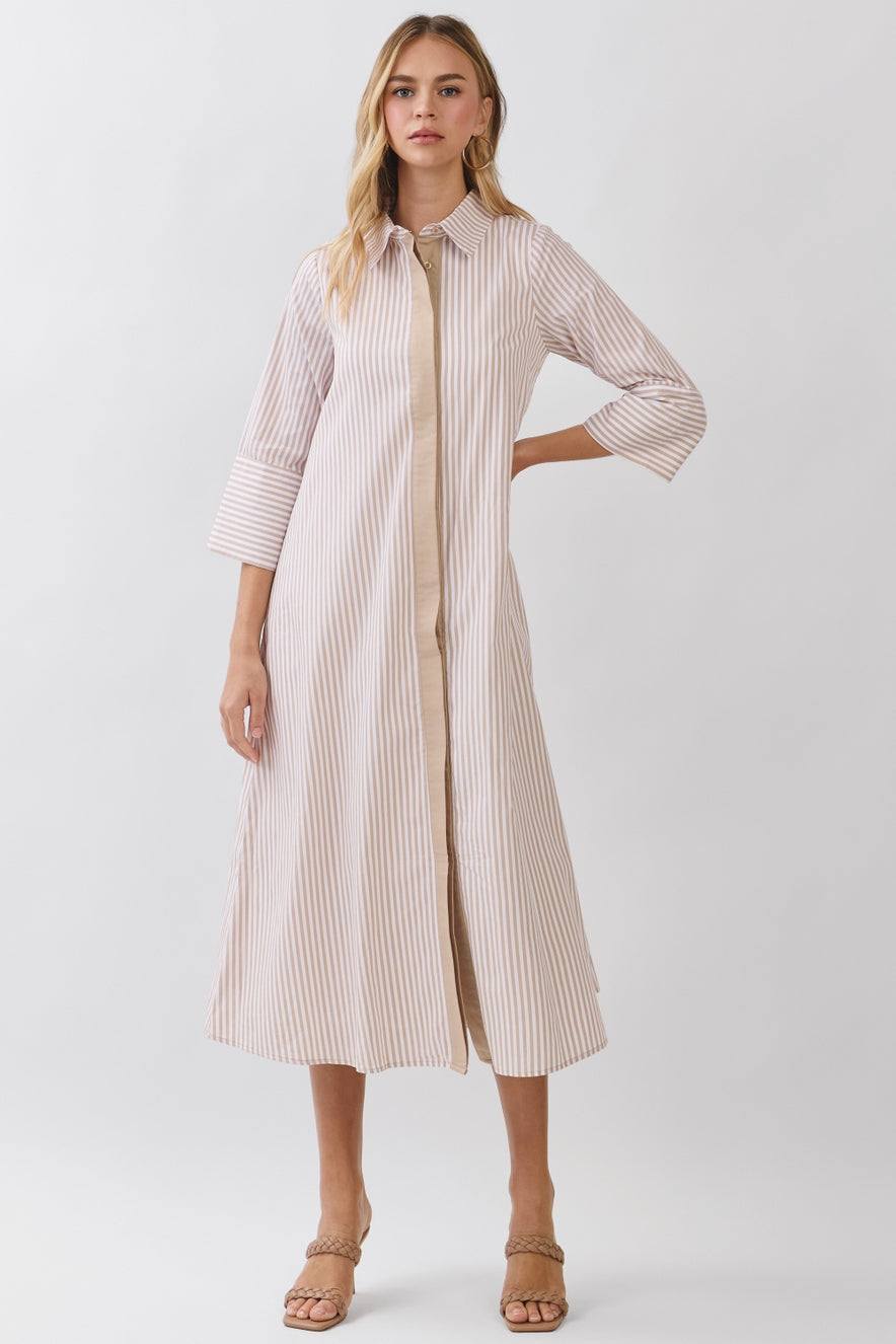 TCEC Stripe Collared Maxi Shirt Dress | Beige