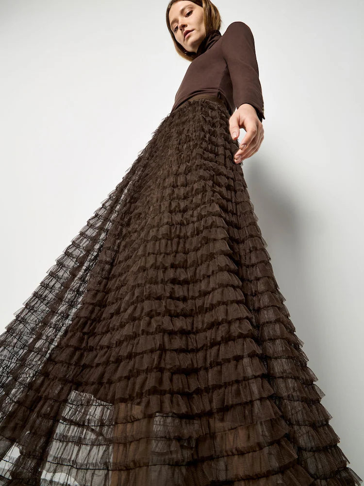 Multi Tiered Tulle Maxi Skirt | Brown