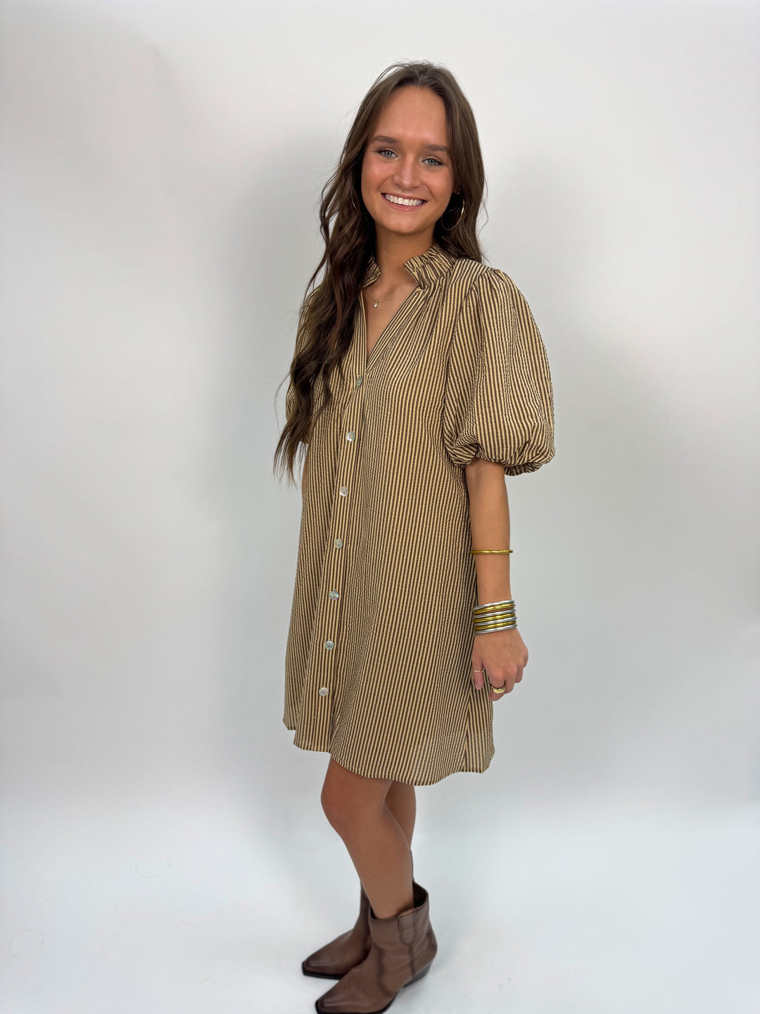 Puff Sleeve Striped Button Up Dress