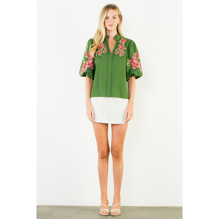 V-Neck Top with Floral Embroidery | Green