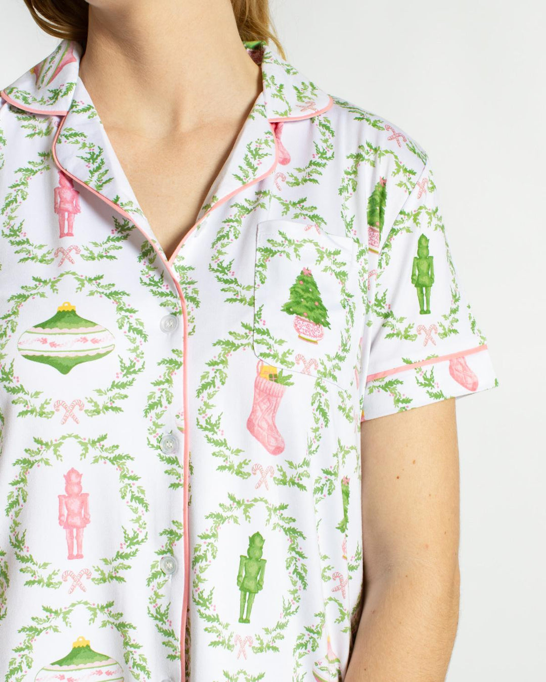 Nutcracker Trellis Short Sleeve Button Up Sleep Shirt | White &amp; Pink &amp; Green