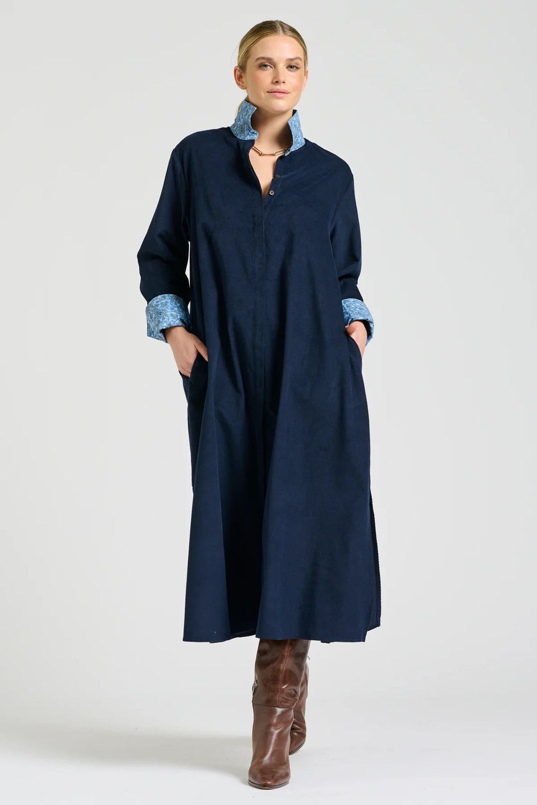 Amelie Long Line Shirt Dress | French Navy Pincord