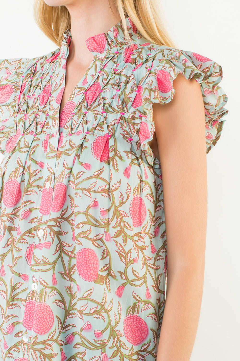 Flutter Sleeve Floral Detail Button Up Top | Mint and Pink