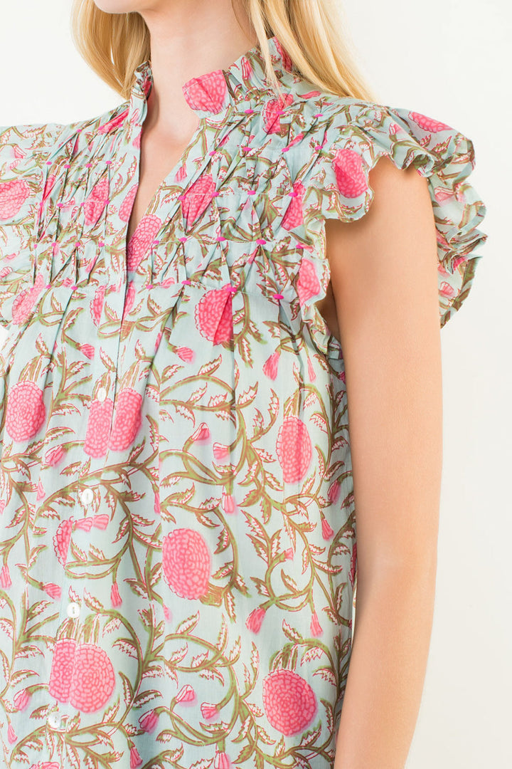 Flutter Sleeve Floral Detail Button Up Top | Mint and Pink