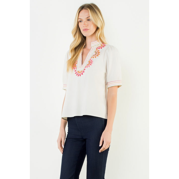Puff Sleeve Floral Embroidery Top | Cream