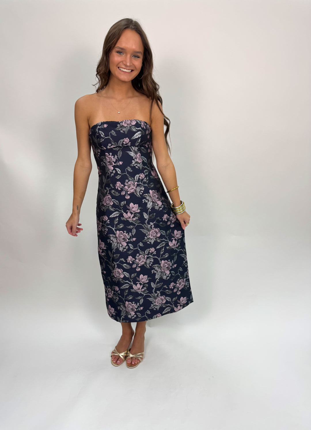 Perla Jacquard Strapless Midi Dress