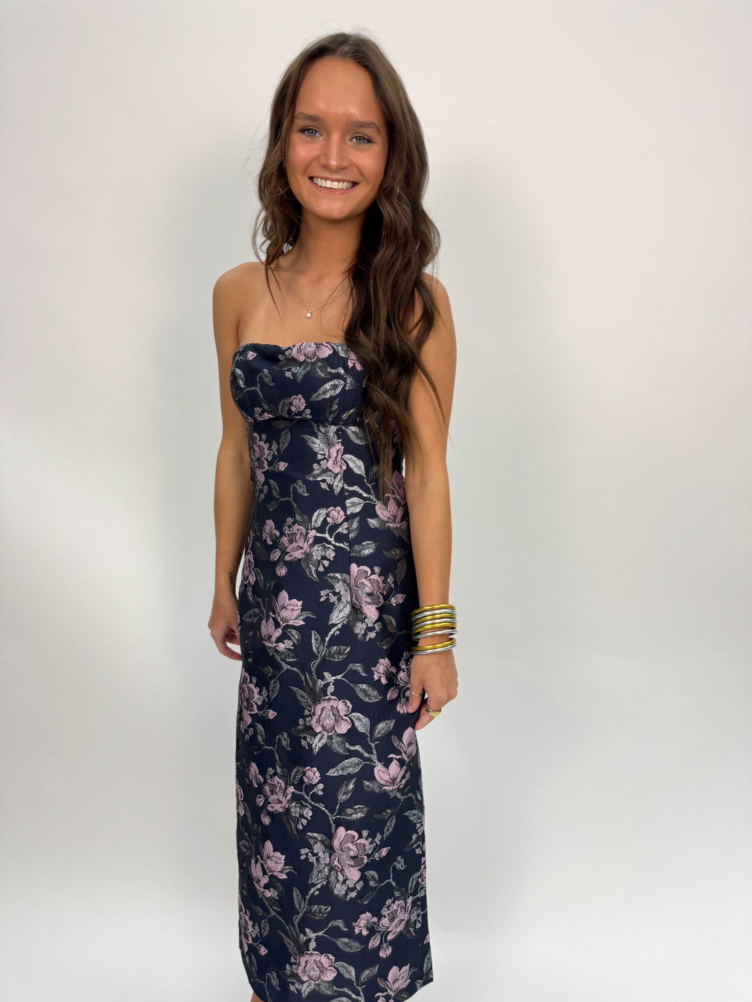 Perla Jacquard Strapless Midi Dress