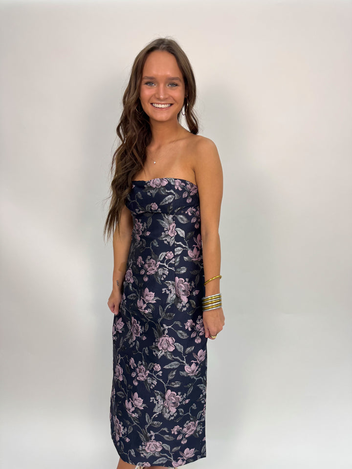 Perla Jacquard Strapless Midi Dress