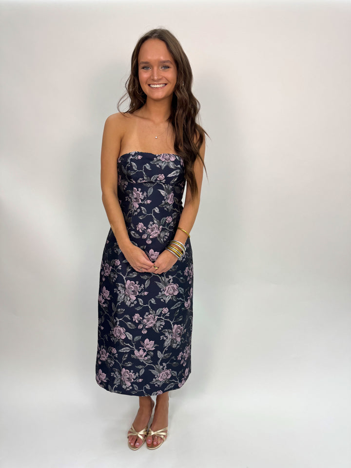 Perla Jacquard Strapless Midi Dress