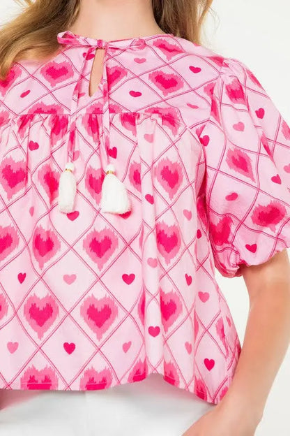 Puff Sleeve Heart Print Top