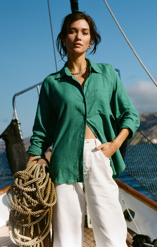 The Perfect Linen Top Botanical Green