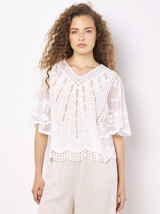 Embroidered Cotton and Mesh V Neck Top