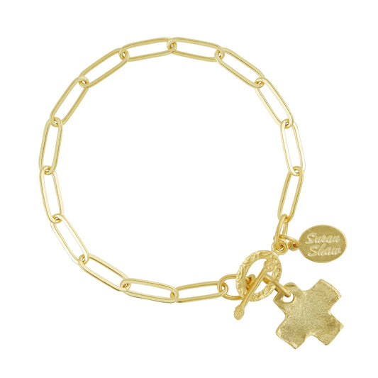 Gold Paperclip Chain w/ Handcast Cross Bracelet