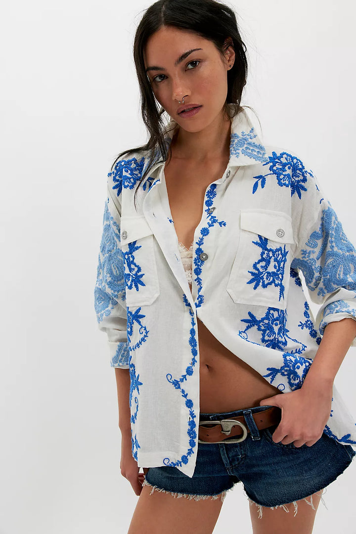Blue Toile Embroidered Top in Blue Floral
