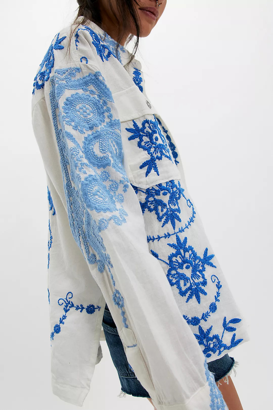 Blue Toile Embroidered Top in Blue Floral