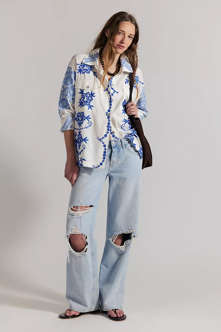 Blue Toile Embroidered Top in Blue Floral