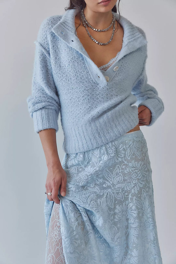 Tucked Henley Pullover in Blue Snowflake Combo