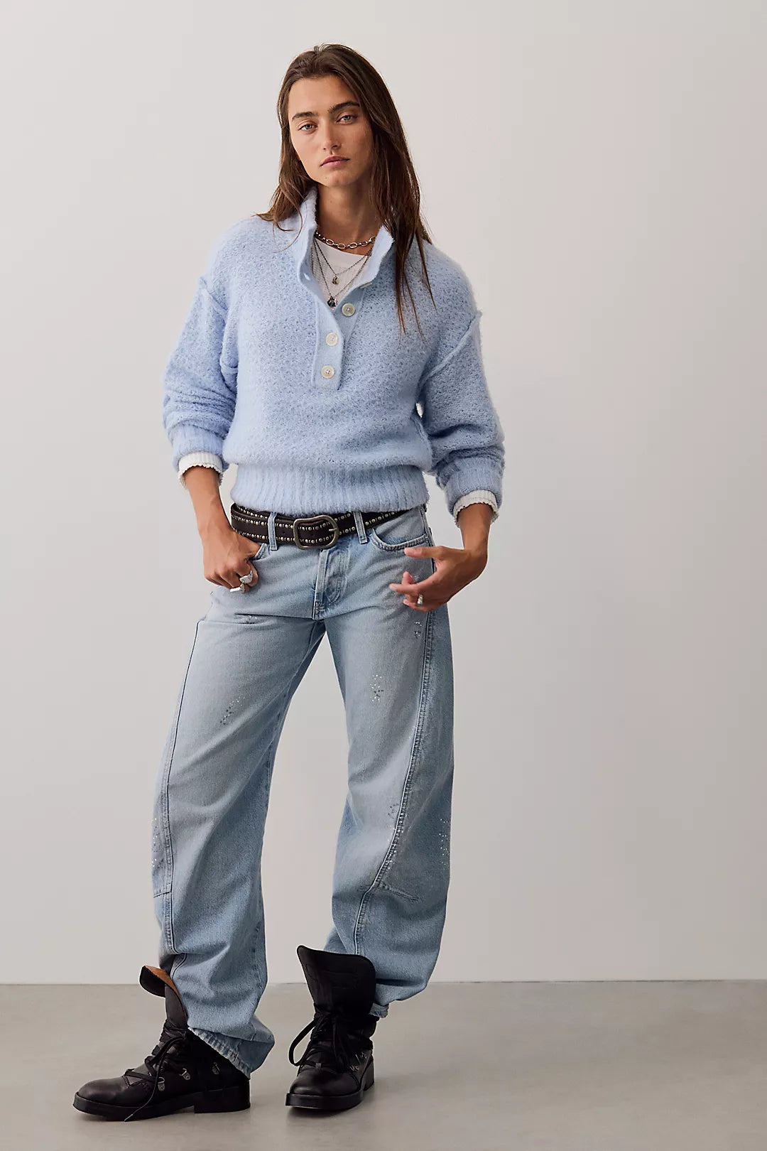 Tucked Henley Pullover in Blue Snowflake Combo