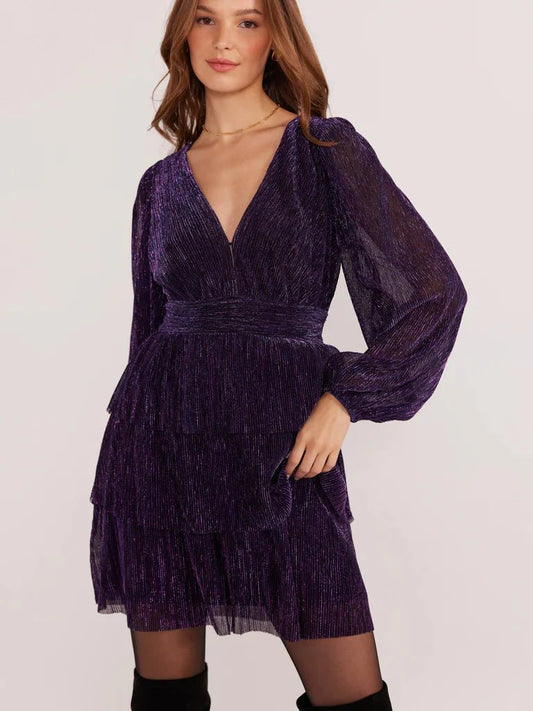 Enya Lurex Plisse Mini Purple Sparkle Dress