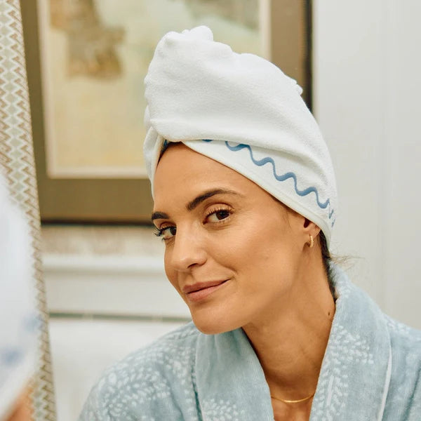 Hair Towel | French Blue Embroidered Wave
