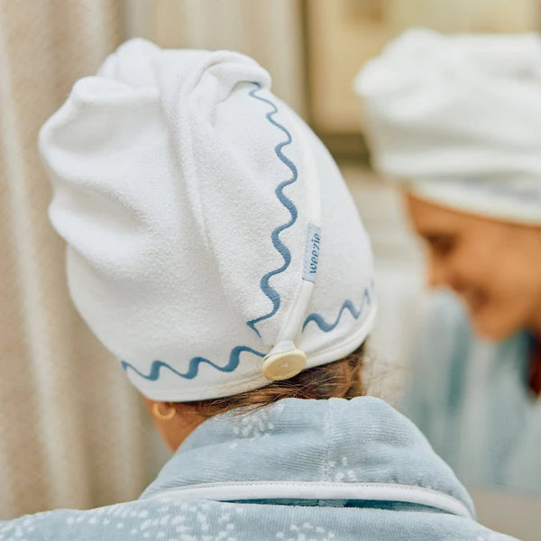 Hair Towel | French Blue Embroidered Wave