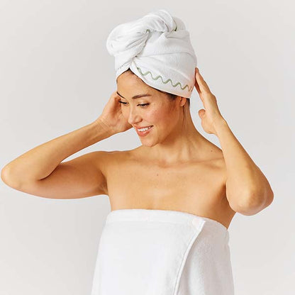 Hair Towel | Green Embroidered Wave