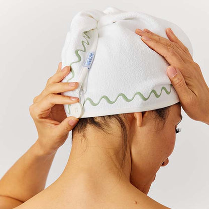 Hair Towel | Green Embroidered Wave